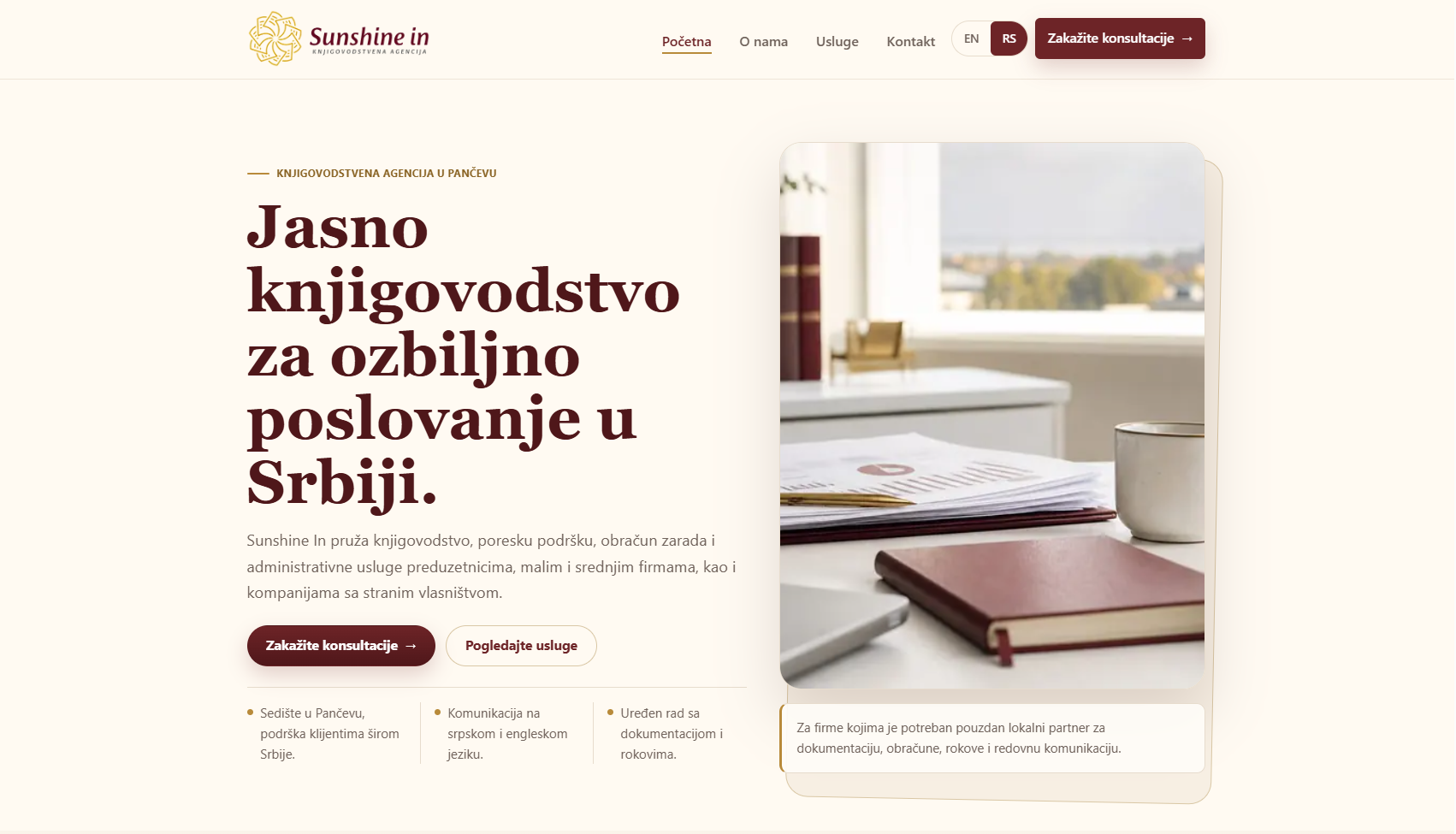 Početna strana sajta knjigovodstvene agencije Sunshine In sa naslovom i pozivom na zakazivanje konsultacija